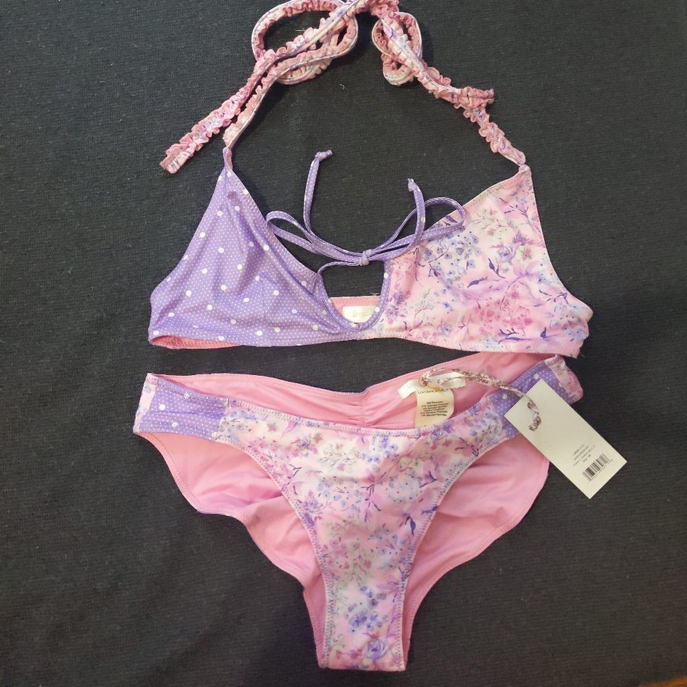 LoveShackFancy Zanda Bikini in Purple Pansy Multi